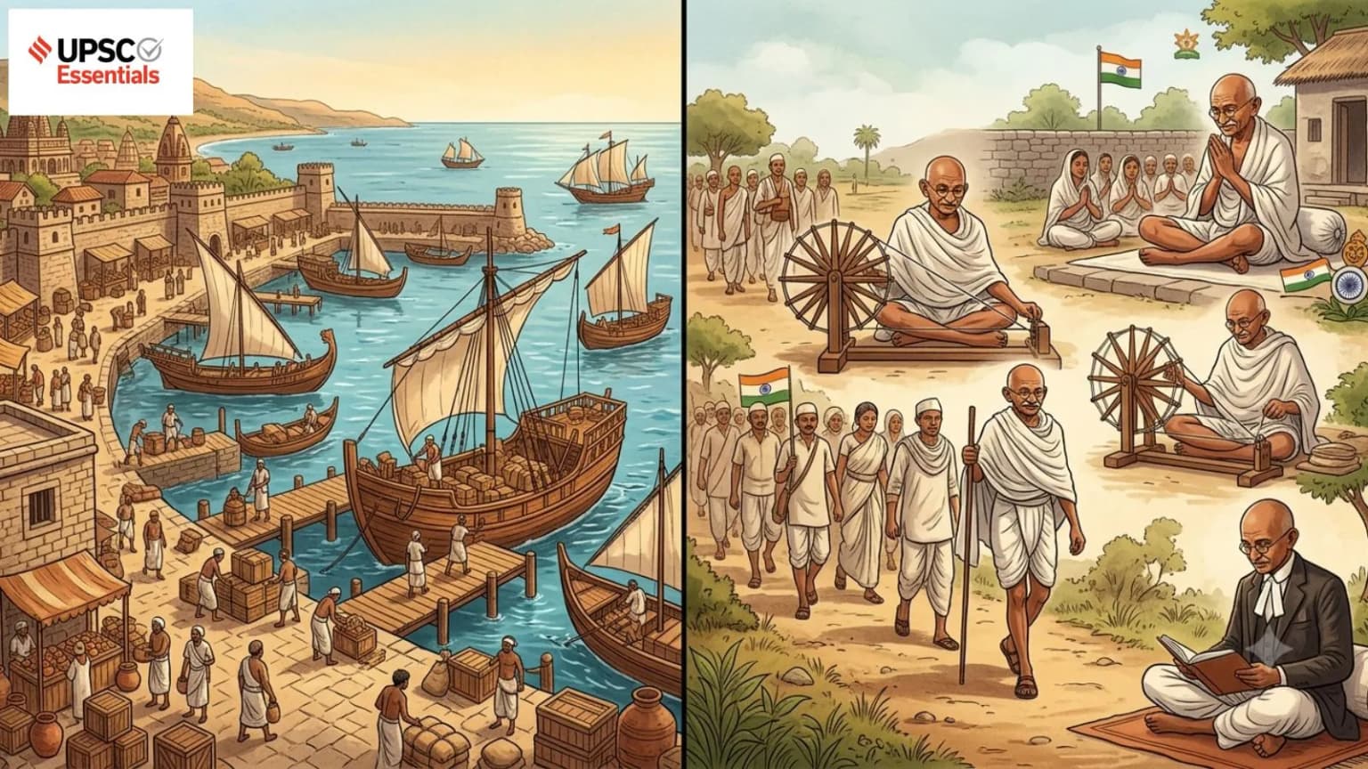 UPSC Mains Answer Practice — GS 1: Poompuhar as a centre of commercial exchange and evolution of Gandhian thought (Week 174)